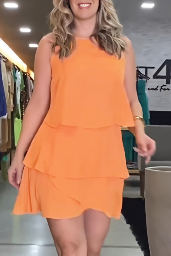 Orange Casual Solid Patchwork O Neck Sleeveless Dress Dresses