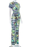 Green Casual Print Patchwork O Neck Short Sleeve Two Pieces