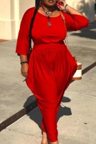 Red Casual Solid Basic O Neck Plus Size Two Pieces