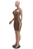 Red Sexy Patchwork Hot Drilling Backless Oblique Collar Sleeveless Dress Dresses
