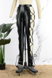 Black Sexy Casual Solid Hollowed Out Skinny High Waist Pencil Solid Color Trousers