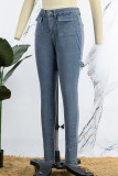 Light Blue Casual Solid Hollowed Out Beading Mid Waist Skinny Denim Jeans