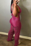 Rose Red Sexy Casual Solid Backless V Neck Regular Jumpsuits