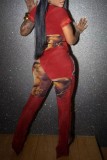 Red Sexy Print Patchwork Half A Turtleneck Skinny Jumpsuits