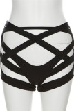 Black Sexy Solid Hollowed Out Patchwork Asymmetrical Skinny High Waist Conventional Solid Color Bottoms