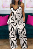 Colour Casual Print Patchwork Pocket Spaghetti Strap Straight Jumpsuits