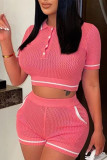 Pink Sportswear Solid Hollowed Out Pocket Buttons Turndown Collar Short Sleeve Two Pieces