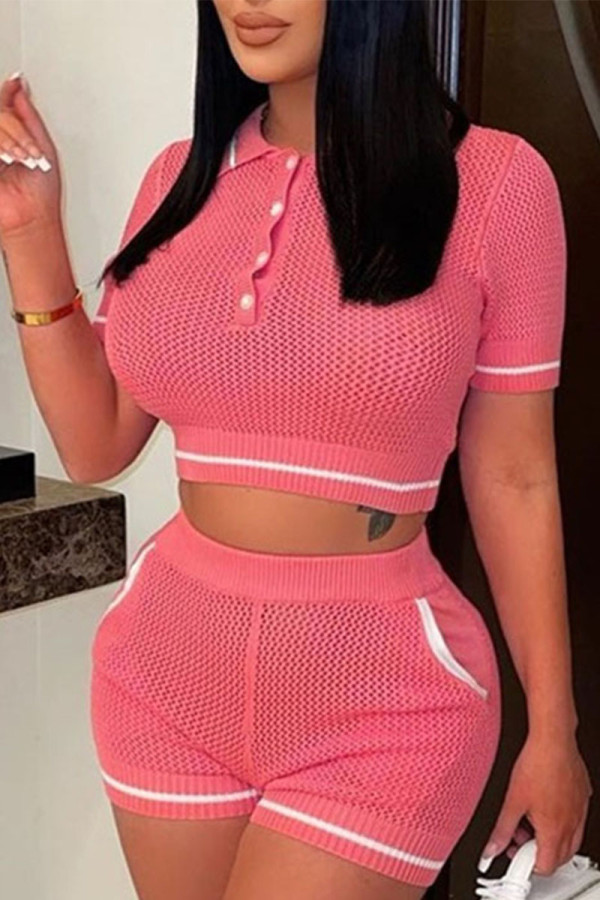 Pink Sportswear Solid Hollowed Out Pocket Buttons Turndown Collar Short Sleeve Two Pieces