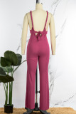 Rose Red Sexy Casual Solid Backless V Neck Regular Jumpsuits