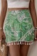 Green Casual Print Tassel Patchwork Regular High Waist Conventional Patchwork Shorts
