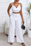White Casual Solid Backless Spaghetti Strap Sleeveless Two Pieces