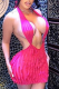 Rose Red Sexy Solid Patchwork Backless Halter One Step Skirt Dresses