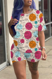 Deep Blue Casual Print Patchwork O Neck Short Sleeve Two Pieces