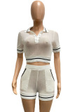 Pink Sportswear Solid Hollowed Out Pocket Buttons Turndown Collar Short Sleeve Two Pieces