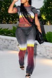 Colour Sexy Gradual Change Print Patchwork See-through O Neck Short Sleeve Two Pieces