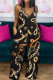 Black Yellow Casual Print Patchwork Pocket Spaghetti Strap Straight Jumpsuits