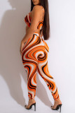 Orange Sexy Print Patchwork Fold Strapless Sleeveless Two Pieces