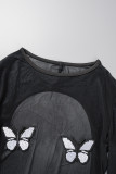 Black Sexy Butterfly Patchwork See-through Backless O Neck Long Sleeve Dresses