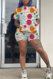 Deep Blue Casual Print Patchwork O Neck Short Sleeve Two Pieces
