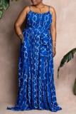 Blue Sexy Casual Print Backless Spaghetti Strap Long Dress Dresses