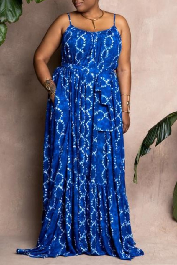 Blue Sexy Casual Print Backless Spaghetti Strap Long Dress Dresses