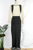 Black Sexy Street Elegant Solid High Opening Fold V Neck One Step Skirt Dresses