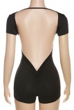 Black Sexy Solid Backless O Neck Skinny Romper