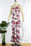 Champagne Sexy Print Backless Oblique Collar Long Dress Dresses
