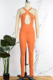 Orange Sexy Casual Solid Hollowed Out Backless V Neck Skinny Jumpsuits