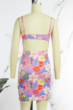 Colour Sexy Print Backless Spaghetti Strap Sleeveless Dress Dresses