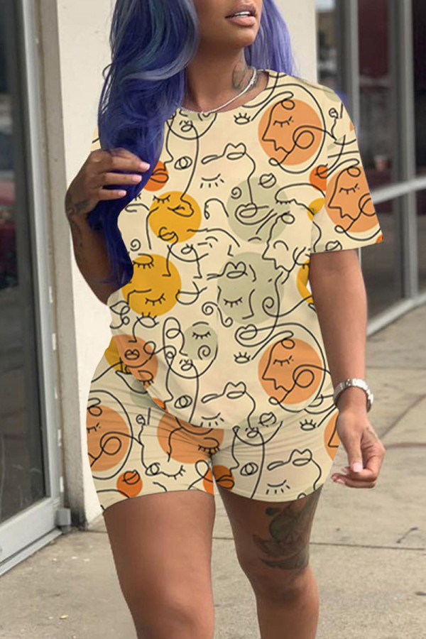 Orange Yellow Casual Print Patchwork O Neck Short Sleeve Two Pieces