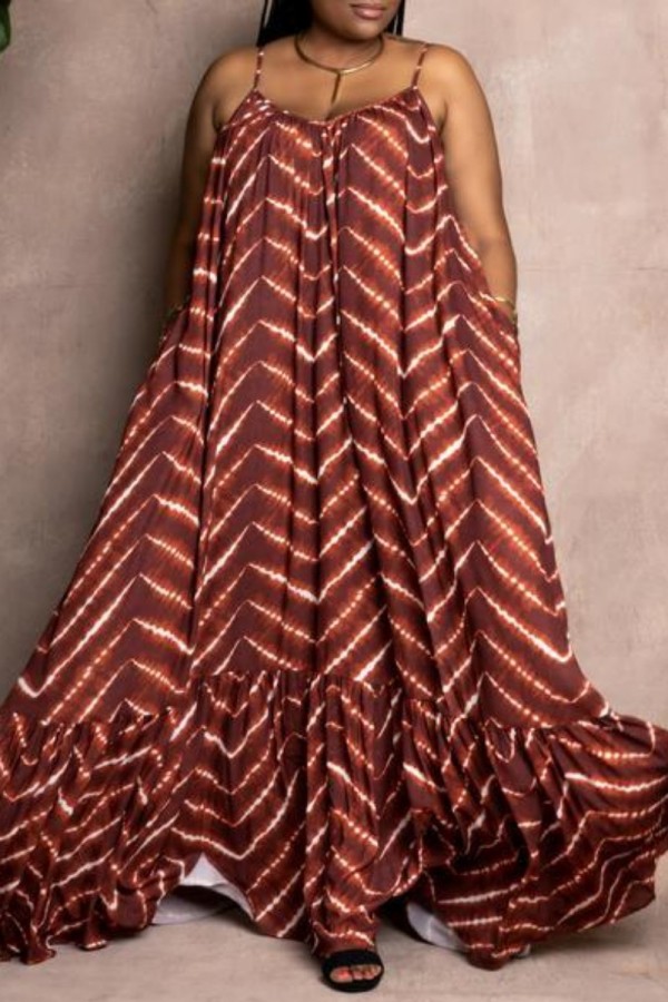 Brown Sexy Casual Print Backless Spaghetti Strap Long Dress Dresses