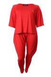 Red Casual Solid Basic O Neck Plus Size Two Pieces