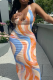 Pink Street Print Patchwork U Neck One Step Skirt Dresses