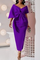 Purple Casual Solid Patchwork Slit V Neck Evening Dress Dresses