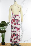 Champagne Sexy Print Backless Oblique Collar Long Dress Dresses