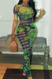 Green Casual Print Patchwork O Neck Short Sleeve Two Pieces