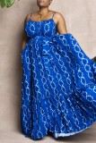 Blue Sexy Casual Print Backless Spaghetti Strap Long Dress Dresses