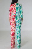 Green Red Casual Print Patchwork Frenulum V Neck Regular Jumpsuits