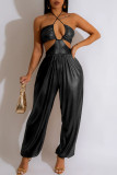 Gold Sexy Solid Hollowed Out Backless Strap Design Halter Regular Jumpsuits