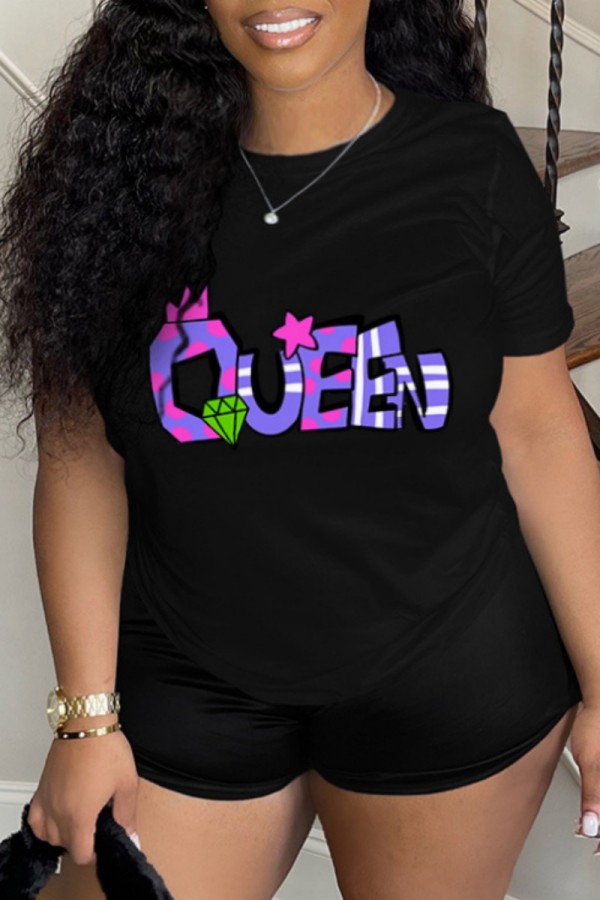 Black Casual Letter Print Basic O Neck T-Shirts