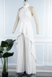 White Casual Street Elegant Solid Backless Flounce Fold Halter Sleeveless Two Pieces
