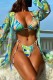 Green Sexy Print Frenulum Swimsuit Three Piece Set (With Paddings)
