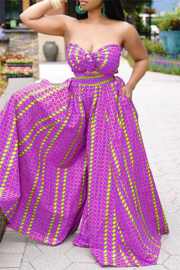 Purple Fashion Sexy Print Backless Strapless Sleeveless Two Pieces