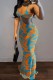 Orange Blue Sexy Print Backless Spaghetti Strap Long Dress Dresses