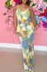 Yellow Sexy Casual Print Tie Dye Backless Spaghetti Strap Regular Jumpsuits
