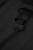 Coffee Sexy Casual Solid Hollowed Out U Neck Skinny Jumpsuits