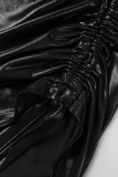 Black Sexy Street Party Solid Draw String Fold Reflective Oblique Collar Sleeveless Two Pieces