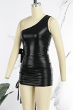 Black Sexy Street Party Solid Draw String Fold Reflective Oblique Collar Sleeveless Two Pieces