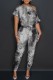 Black Casual Print Patchwork Oblique Collar Regular Jumpsuits
